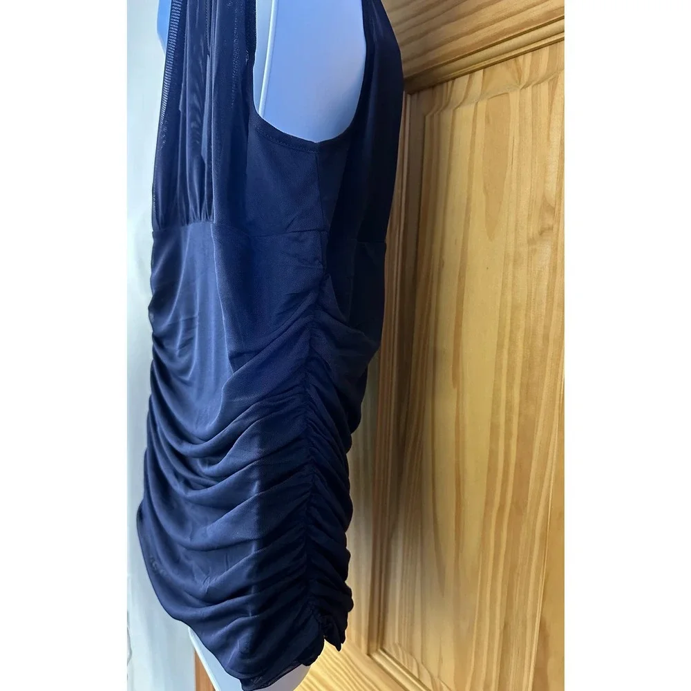 V501 Venus Women’s Sz Lg High Collar Navy Ruche Sleeveless Blouse NWOT - Picture 9 of 14